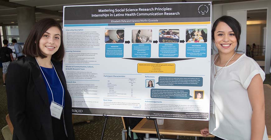 Two female undergraduate students flank a poster that represents a project the two worked on through the Student Success Internship program.