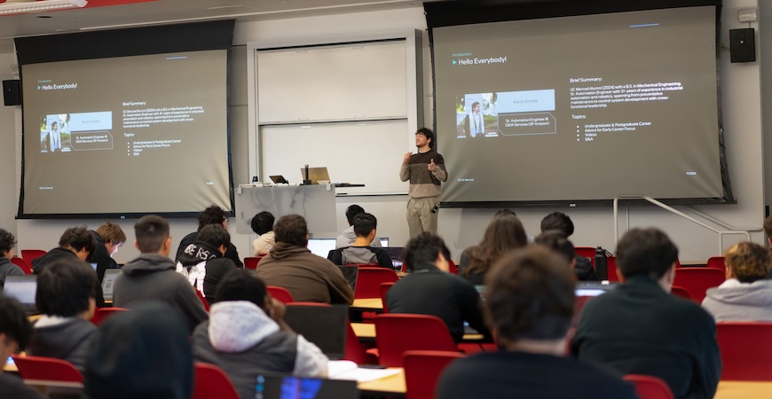 Kevin Arrieta is pictured speaking to an electrical engineering class at UC Merced.