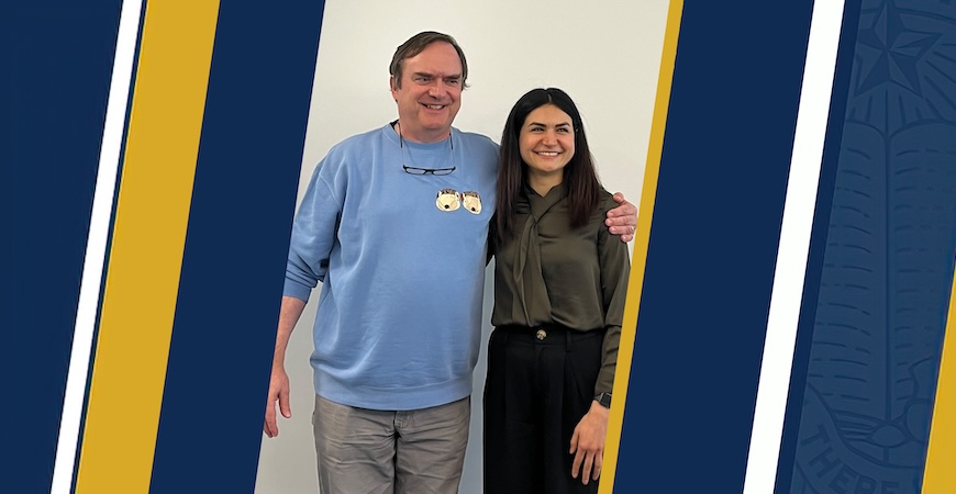 Photo depicts UC Merced Professor Christopher Viney and graduate researcher Kiana Shirzad on a blue and gold graphic background