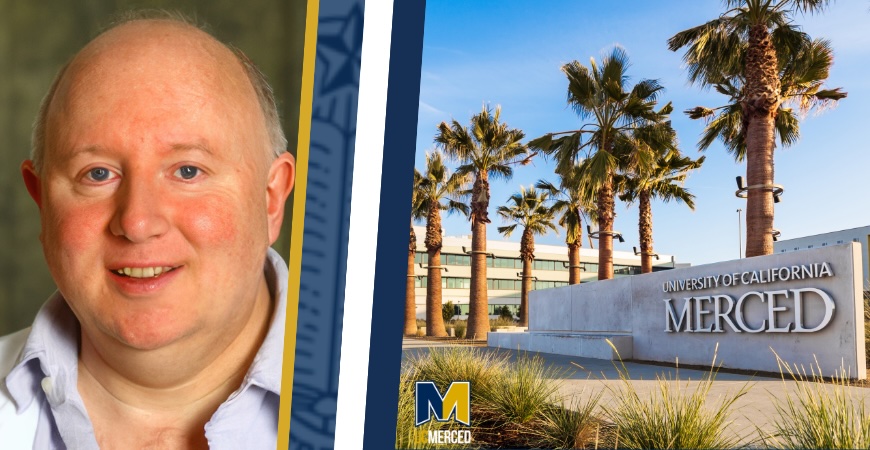 Photo depicts a scene of UC Merced and a mugshot of Professor Emeritus Ariel Escobar.
