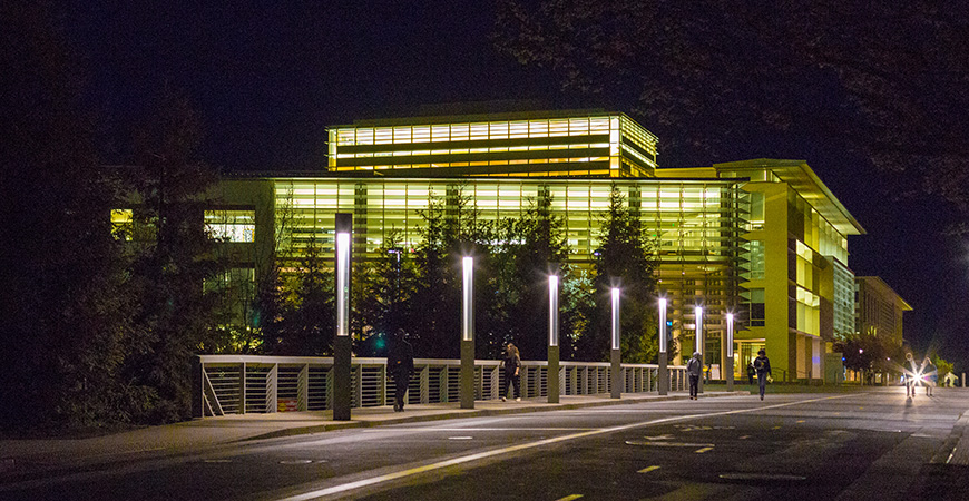 The Leo and Dottie Kolligian Library in the evening