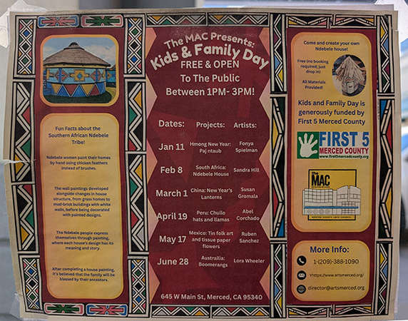 Event flyer for Kids and Family Day designed by UC Merced students for Merced cultural center
