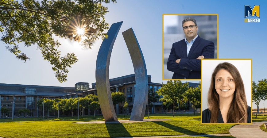 Mugshots of Mohammad Maharlooei and Lauren Hale are imposed over a photo of the Beginnings statue on the UC Merced campus.