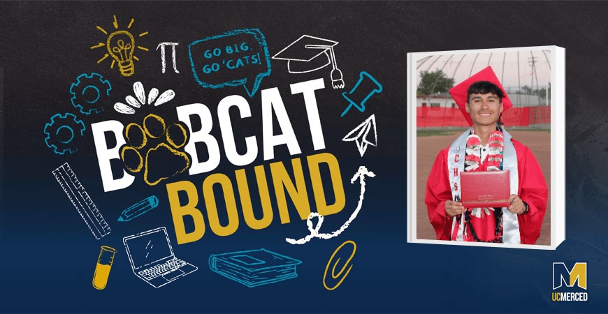 Depicted is student Anthony Savala Alvarez, in a red cap and gown at his high school graduation, with a blue and gold graphic reading "Bobcat Bound"