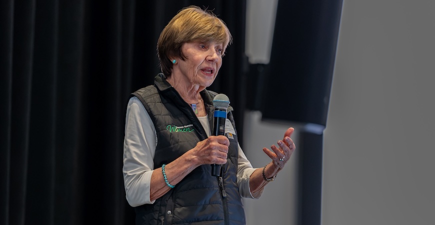 California Agriculture Secretary Karen Ross speaks into a microphone at the grasslands seminar.