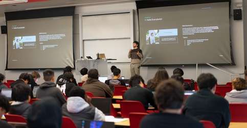 Kevin Arrieta is pictured speaking to an electrical engineering class at UC Merced.