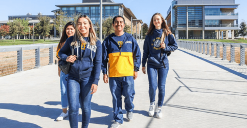Student walking across a bridge on campus