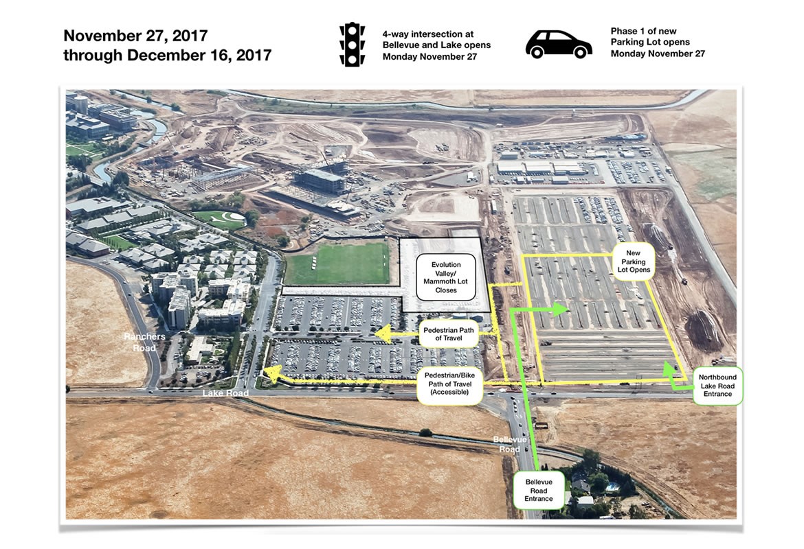 Aerial view of campus with construction areas labeled.