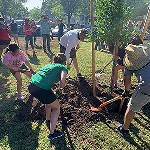 Adison Martinez, her parents, Mayor Mathew Serratto and Merced City School District Board President Birdi Olivarez-Kidwell plant the first of 12 new trees in Rahilly Park.