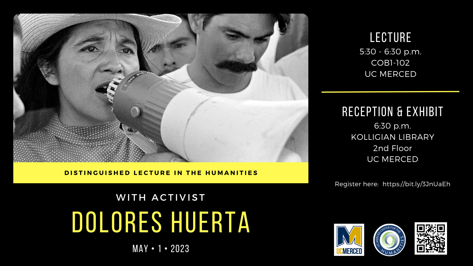 A poster shows an image of Dolores Huerta.