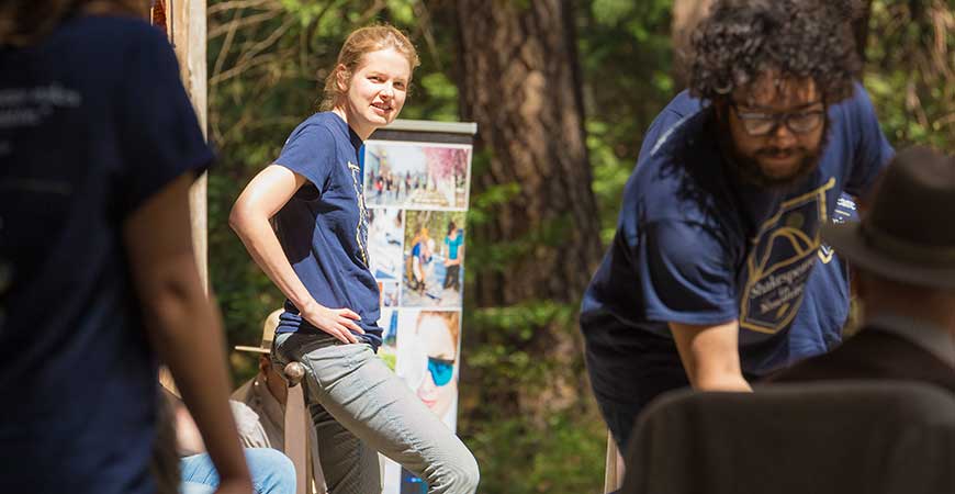 Katherine Brokaw stands outdoors during one of the "Shakespeare in Yosemite" performances from April 2017.