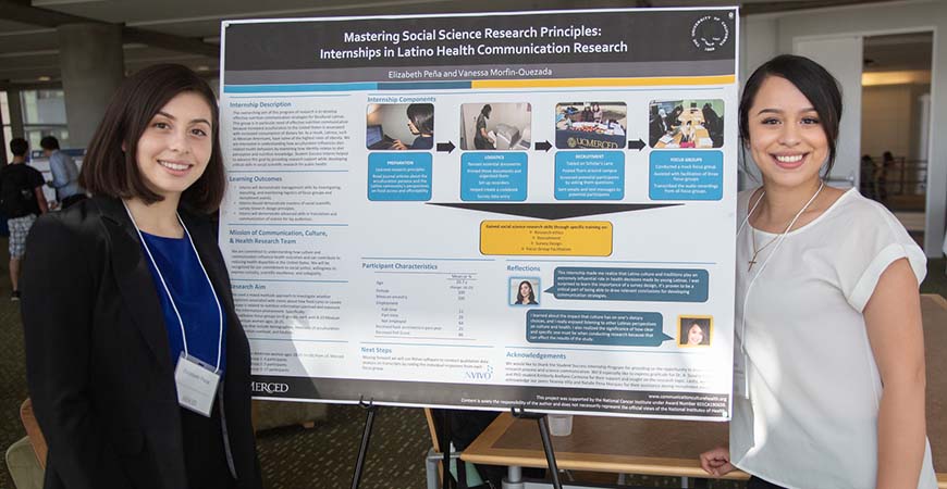 Two female undergraduate students flank a poster that represents a project the two worked on through the Student Success Internship program.
