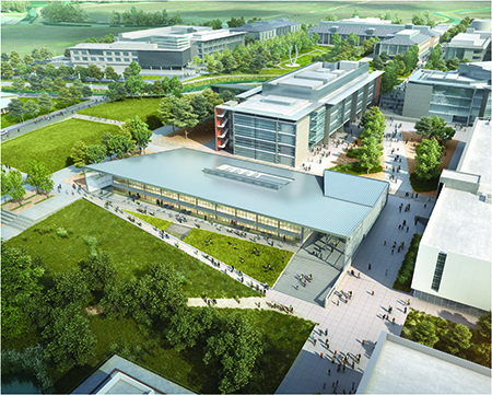 This rendering shows part of UC Merced’s planned expansion, with the existing campus in the background and state-of-the-art research labs, a new quad and a multifunctional dining facility to be completed by 2020.
