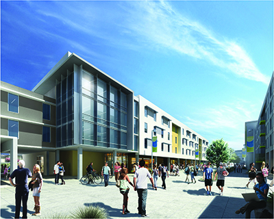 Buildings along UC Merced’s new Academic Walk will feature classrooms and meeting spaces on the ground floors and student residences on the upper levels.