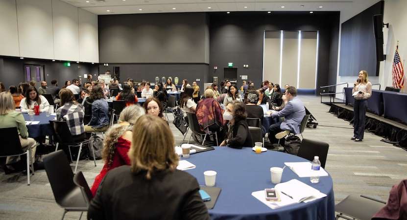 Linda Frey, director of the California College Corps program, speaks to attendees of a meeting at UC Merced.