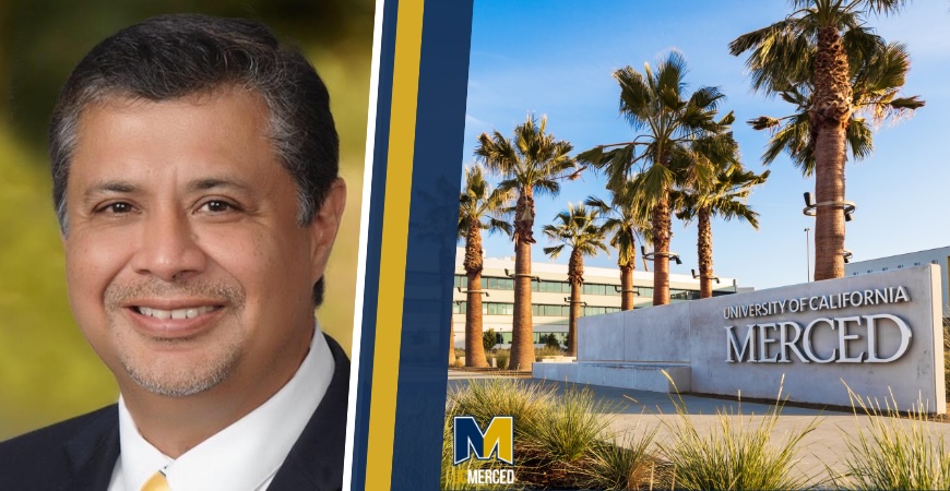 New chief campus counsel Cesar Alvarado-Gil is shown, with the entrance to UC Merced. 