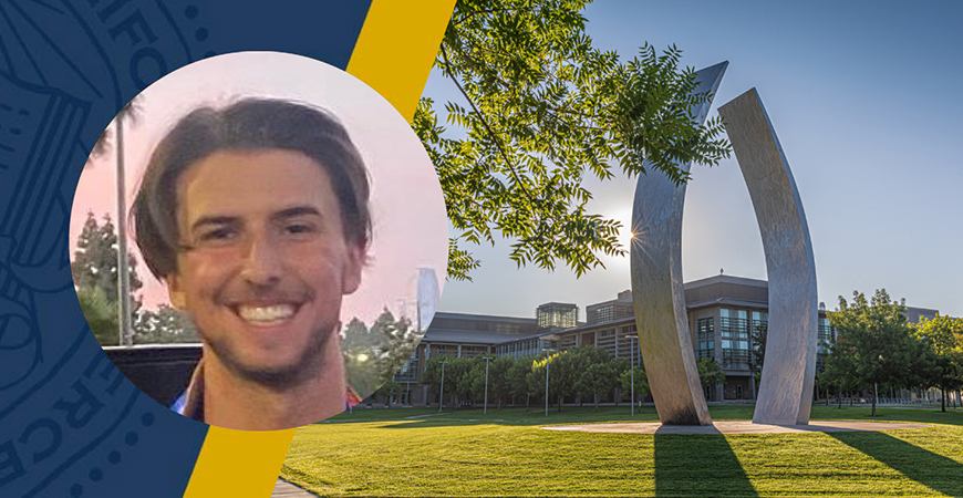 Christian Boyd, an incoming student at UC Merced, and the Beginnings Sculpture are seen in an image. 