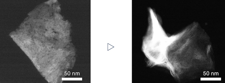 A single 2-D nanosheet is crumpled into a 3-D structure.