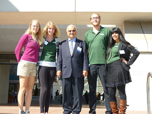 From left to right, Christine Hoffman, Melissa Ricketts, Professor Roland Winston, Bennett Widyolar and Benaz Colabewala at the 2015 UC Solar Research Symposium.