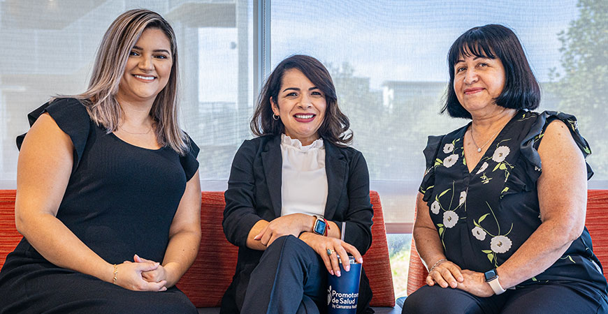 UC Merced Project Scientist Rosa Manzo, Ph.D. (center) with Camarena Health’s Claudia Fabian Chavez (left) and Maria Meraz (right)