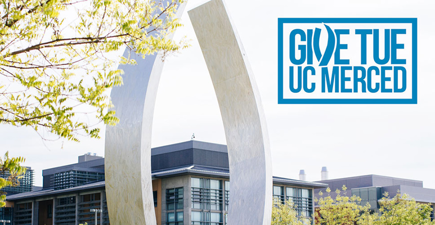 Beginnings sculpture with Give Tue UC Merced logo