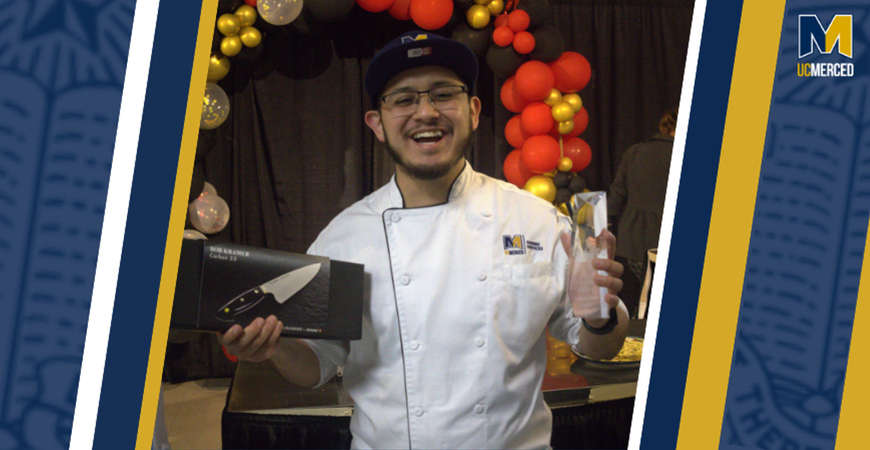 Chef Santiago holding his trophy and a brand new box of knives