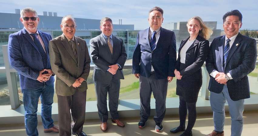 Josh Viers, Rakesh Goel, Yosuke Yamashiki, Hrant Hratchian, Sarah Naumes and Chase Yamauchi at the MOU signing. Photo by Leigh Bernacchi