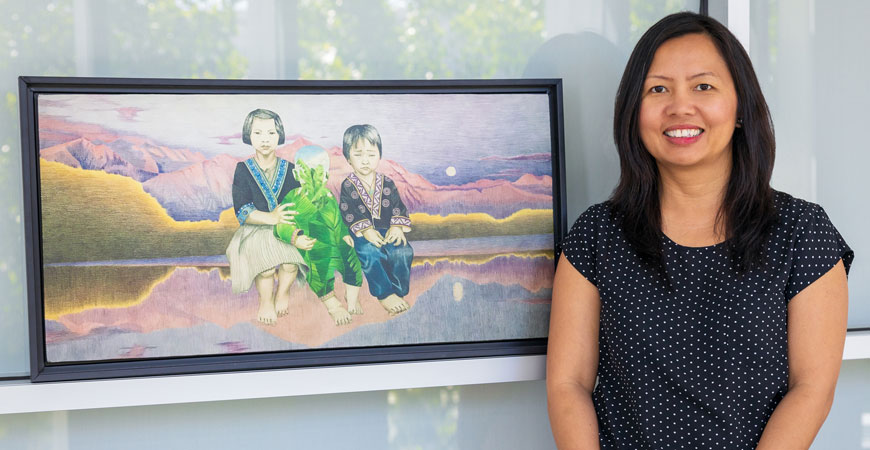 UC Merced Professor Ma Vang and print of painting that is on the cover of her book "History on the Run"