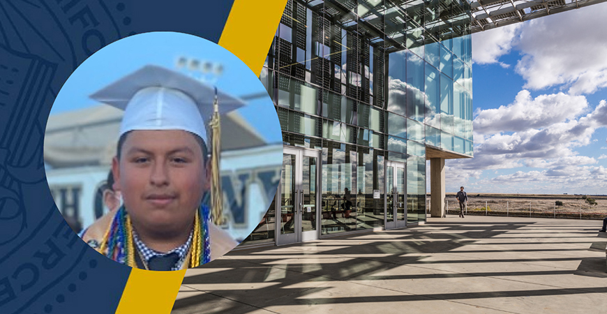 Incoming student Narciso Martinez Solorio is seen in a split image with a UC Merced building.