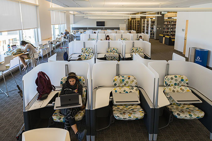 There are several different seating arrangements on the redesigned fourth floor, with AC and USB power at each seat.