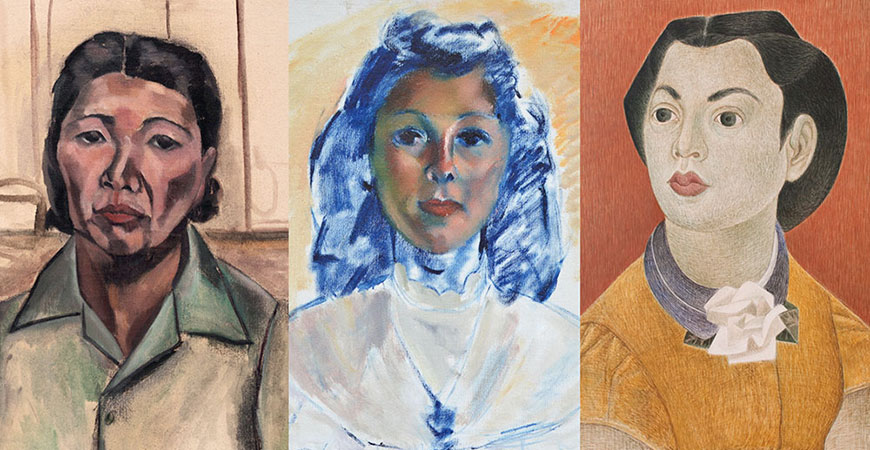 Images from left to right: Hisako Hibi, “Study for a Self-Portrait,” ca. 1944.; Miki Hayakawa, “Untitled (Woman with Blue Hair),” ca. 1930s; Miné Okubo, “Portrait Study,” ca. 1937. 