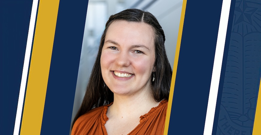 Photo depicts Professor Debora Lyn Porter and a blue and gold background.