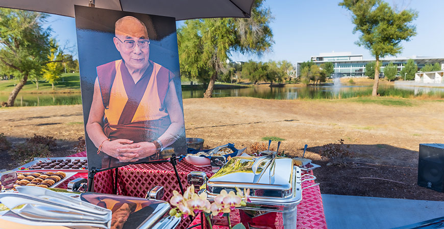 A portrait of the Dalai Lama is displayed at UC Merced.