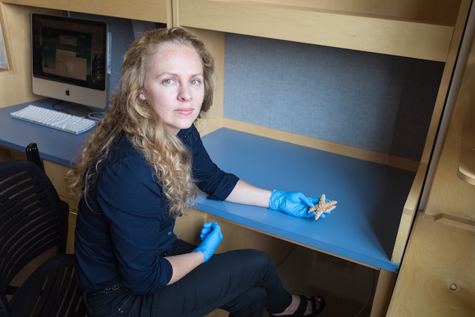 A woman sits in a chair holding a sea star in a gloved hand.