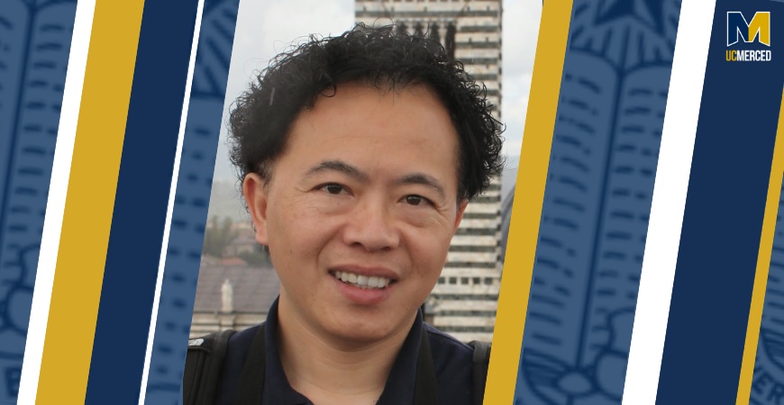 Photo depicts electrical engineering and computer science Professor Ming-Hsuan Yang on a blue and gold background.